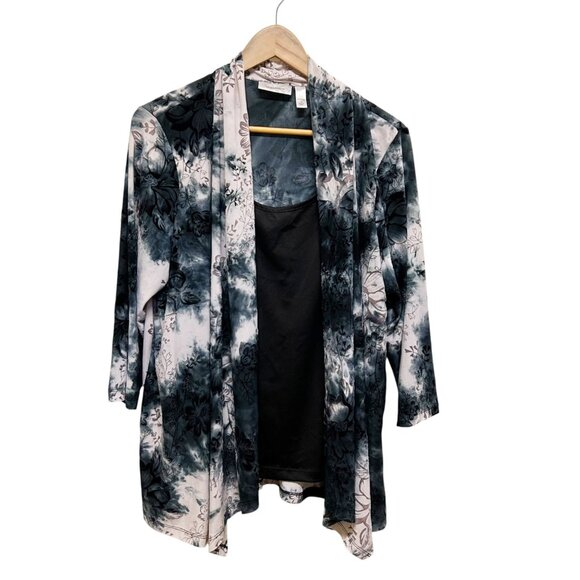 Dressbarn Attached Tank Cardigan Blue Burnout Floral Stretch Top Size 1X - Picture 1 of 5